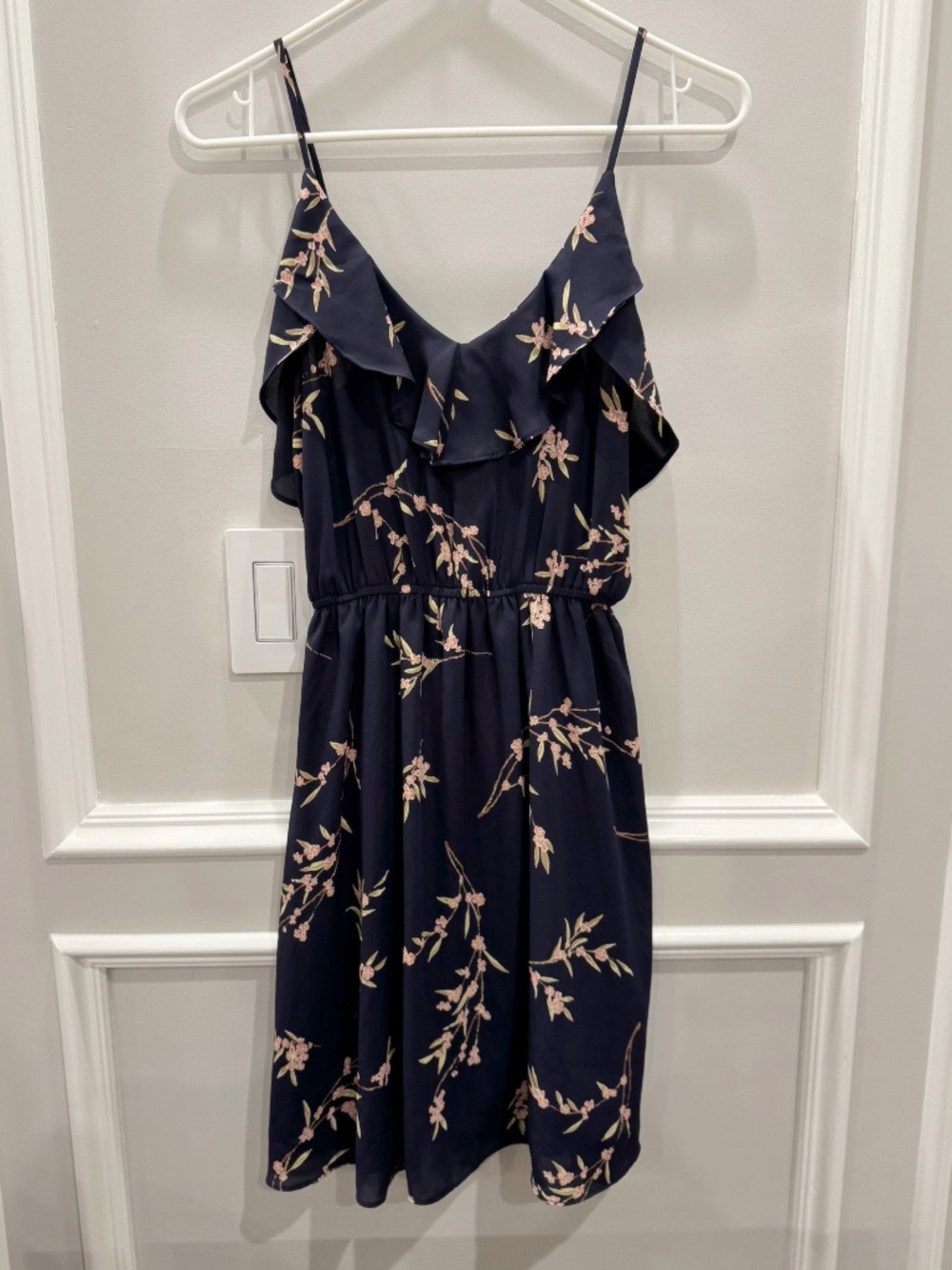AQUA Navy Blue Floral Ruffle Dress Pink Cherry Blossom Coquette Romantic XS